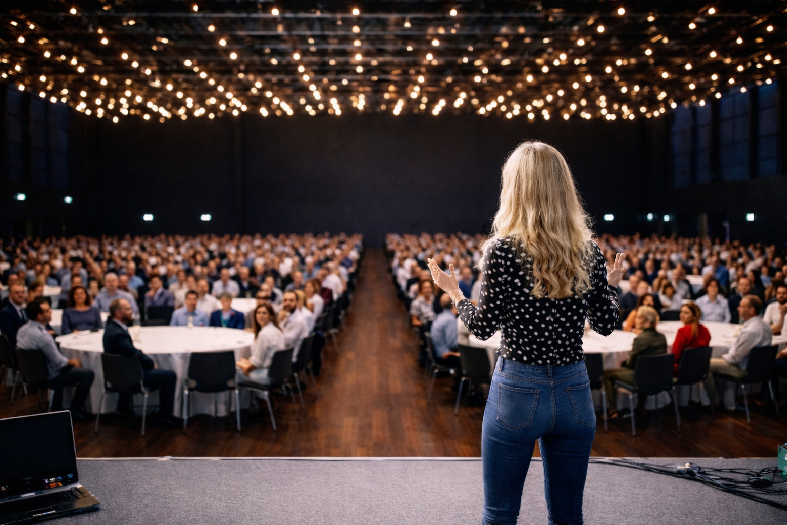 Josephine on stage facing a packed conference audience